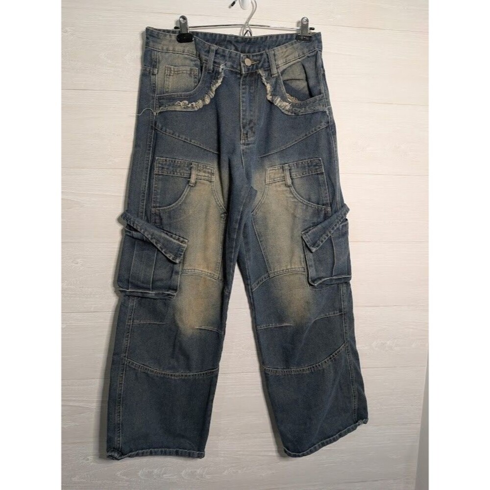 ROMWE Men’s Blue Cargo Jeans Size 30 Y2K Cyber Grunge Distressed Wide Leg Denim